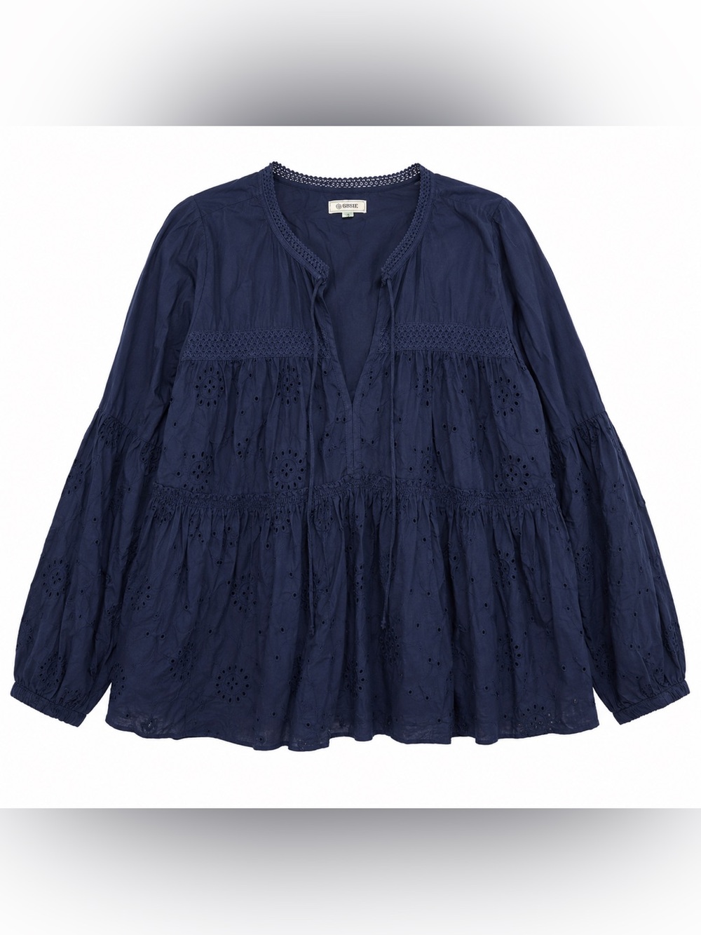 Navy Eyelet Peasant Blouse Coquette Whimsy Coastal‎ Cottagecore Cotton
